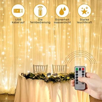 Lichtervorhang Vorhanglichter, Sunnest 300 LED USB Lichterkette Lichterkettenvorhang String Light Kupferlichterkette 8 Lichtmodi mit Fernbedienung Timer für Zimmer Innen und Außen Deko IP68 Warmweiß - 7