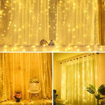 Lichtervorhang Vorhanglichter, Sunnest 300 LED USB Lichterkette Lichterkettenvorhang String Light Kupferlichterkette 8 Lichtmodi mit Fernbedienung Timer für Zimmer Innen und Außen Deko IP68 Warmweiß - 8