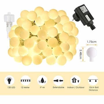 LOFTer Lichterkette 120er LEDs Lichterkette Innen 15M Kugel Lichterkette Warmweiß mit 8 Leuchtmodis Deko Lichterkette Strombetrieben für Garten, Party, Hochzeit, Wasserdicht - 2