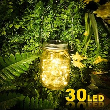 Molbory Solar Mason Jar Licht, 30 LED String Licht Außen Wasserdichte Glasgläser Garten Hängeleuchten, LED Weihnachtsbeleuchtung Lichterkette für Party, Hochzeitsdekoration (Warmweiß) - 2