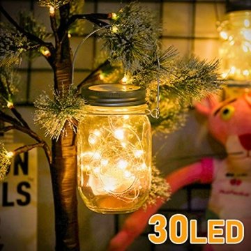 Molbory Solar Mason Jar Licht, 30 LED String Licht Außen Wasserdichte Glasgläser Garten Hängeleuchten, LED Weihnachtsbeleuchtung Lichterkette für Party, Hochzeitsdekoration (Warmweiß) - 1