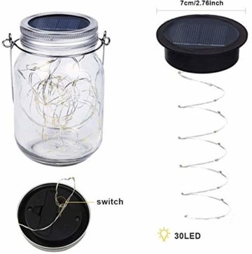 Molbory Solar Mason Jar Licht, 30 LED String Licht Außen Wasserdichte Glasgläser Garten Hängeleuchten, LED Weihnachtsbeleuchtung Lichterkette für Party, Hochzeitsdekoration (Warmweiß) - 6