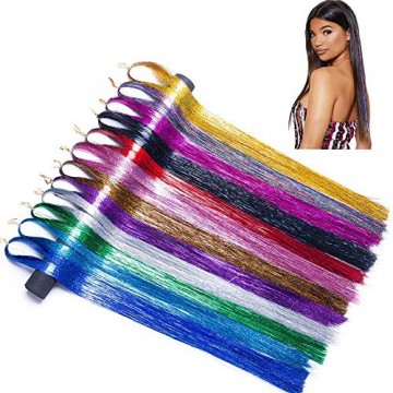 NATUCE 4800 Stück 12 Farben Haar Lametta Stränge, 120CM Haarlametta Verlängerungs-Set Funkelnde Glänzende Haar Lametta Extensions, Glänzende Haar Lametta Extensions Multi-Farben Haar Streifen - 1