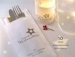 Personalisierbare Bestecktasche Frohe Weihnachten elegant weiß Setpreis für 10 Stück - 1