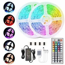 RGB LED Strip 10M, Hospaop LED Streifen 2x 5M 300 Led Bänder IP65 Wasserdicht Lichtband mit Netzteil 44-Tasten Fernbedienung Selbstklebend für Innen außen Beleuchtung Deko [Energieklasse A+] - 1