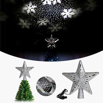 Schimer Baumspitze, Metall Plastik Weihnachtsbaumspitze mit Stern, LEDs beleuchtete Christbaumspitze mit rotierendem magischem kühlem weißem Schneeflocke-Projektor - 5