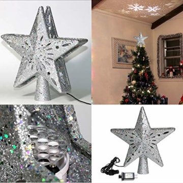 Schimer Baumspitze, Metall Plastik Weihnachtsbaumspitze mit Stern, LEDs beleuchtete Christbaumspitze mit rotierendem magischem kühlem weißem Schneeflocke-Projektor - 7