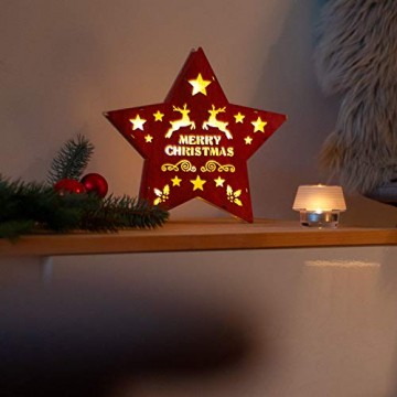 SnowEra LED Dekoleuchte in warmweiß | Holzstern in rot mit 10 LEDs | Weihnachtsbeleuchtung für innen | Stern Durchmesser ca. 25 cm | Weihnachtsdeko aus Holz FSC 100% - 4