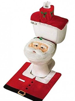 Uten Weihnachten Toilettensitzbezug Weihnachtsdeko WC-Sitze Set mit Sitzbezug & Teppich & Gewebe Deckel für Badezimmer im Weihnachtsmann-Design - 1