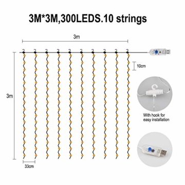 Vegena LED USB Lichtervorhang 3m x 3m, 300 LEDs Lichterkettenvorhang mit 8 Modi Lichterkette Gardine für Partydekoration Schlafzimmer Innenbeleuchtung Weihnachten Deko Weiß [Energieklasse A+++] - 5