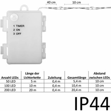 VOLTRONIC 2er Set 50 100 200 LED Lichterdraht Lichterkette, BATTERIEBETRIEBEN, mit Timer, für innen und außen, IP44, erhältlich in: warmweiß kaltweiß bunt warmweiß+kaltweiß, Batterie - 2