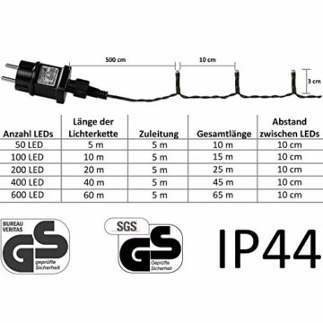 VOLTRONIC® LED Lichterkette für innen und außen, Größenwahl: 50 100 200 400 600 LEDs, warmweiß/kaltweiß/bunt/warmweiß+kaltweiß, GS geprüft, IP44, optional mit 8 Leuchtmodi/Fernbedienung/Timer - 6