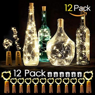 WEARXI 12 Pack LED Flaschenlicht Deko - 2M 20 LED Lichterkette Batterie, Led Korken mit LED Lichterkette für Flasche, Tischdeko Geburtstag, Weihnachten, Hochzeit, Valentinstag, Dekoration Wohnung - 1