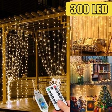 WEARXI Lichtervorhang Deko - 3M 300 LEDs Lichterkette Lichtvorhang, 8 Modi LED Vorhang Lichterketten für Zimmer Deko Schlafzimmer Deko, Weihnachtsdeko, Outdoor Deko Balkon (Warmweiß) - 1