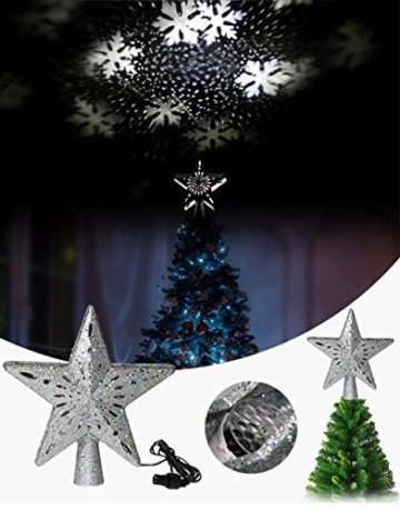 Weihnachtsbaumprojektionslampe, Weihnachtsbaumsternlampe, LED Weihnachtsbaumspitze Schneeflockenprojektionslampe Baumspitze Sternprojektionslampe-Silber fünfzackiger Stern_British regulierend - 3