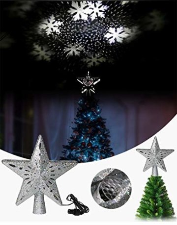 Weihnachtsbaumprojektionslampe, Weihnachtsbaumsternlampe, LED Weihnachtsbaumspitze Schneeflockenprojektionslampe Baumspitze Sternprojektionslampe-Silber fünfzackiger Stern_British regulierend - 5