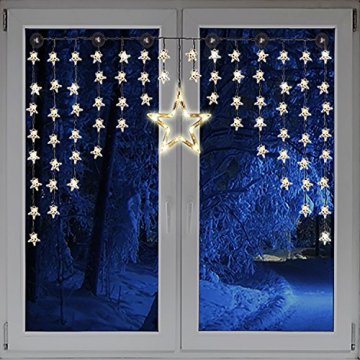 Beleuchteter Weihnacht Sternenvorhang Lichterkette Fensterdeko 90 LED warm weiß mit Saugnäpfe Einfach zu montieren Breite 135 cm, Höhe 95 cm, Zuleitung 5 m - 1