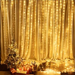 BrizLabs LED USB Lichtervorhang 3m x 3m, 300 LED Kupferdraht Lichterkettenvorhang Innen Lichterkette mit 8 Modi Fernbedienung für Party Schlafzimmer Fenster Weihnachten Deko, Warmweiß - 1