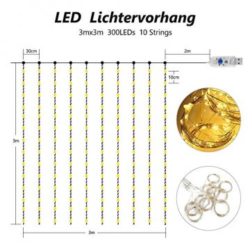 BrizLabs LED USB Lichtervorhang 3m x 3m, 300 LED Kupferdraht Lichterkettenvorhang Innen Lichterkette mit 8 Modi Fernbedienung für Party Schlafzimmer Fenster Weihnachten Deko, Warmweiß - 4