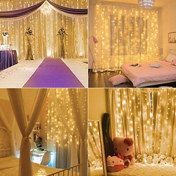 BrizLabs LED USB Lichtervorhang 3m x 3m, 300 LED Kupferdraht Lichterkettenvorhang Innen Lichterkette mit 8 Modi Fernbedienung für Party Schlafzimmer Fenster Weihnachten Deko, Warmweiß - 5