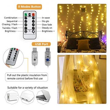 BrizLabs LED USB Lichtervorhang 3m x 3m, 300 LED Kupferdraht Lichterkettenvorhang Innen Lichterkette mit 8 Modi Fernbedienung für Party Schlafzimmer Fenster Weihnachten Deko, Warmweiß - 6