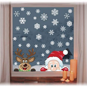 heekpek Fensterdeko Weihnachten Fensterbilder Winter Statisch Haftende PVC Aufklebe Weihnachtsmann Süße Elche Wiederverwendbar Schneeflocken Fenster - 5