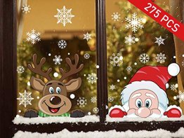Ptsaying 275 stücke 10 blätter Weihnachten fensterbilder, Weihnachtsmann und Elch Aufkleber, Schneeflocken Fensterbild mit Weihnachtsmann Elk Abnehmbare Weihnachten Aufkleber Fenster - 1