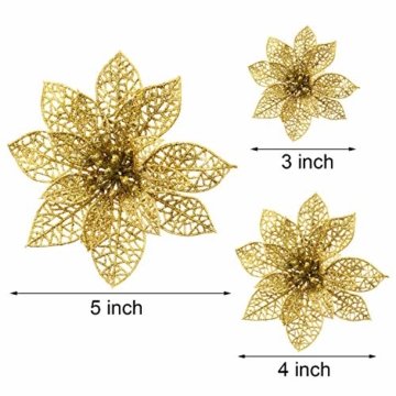 24 Stück Glitter Poinsettia Weihnachtsbaum Ornament Weihnachten Blumen Dekor Ornament (Gold) - 4