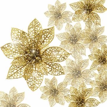 24 Stück Glitter Poinsettia Weihnachtsbaum Ornament Weihnachten Blumen Dekor Ornament (Gold) - 1