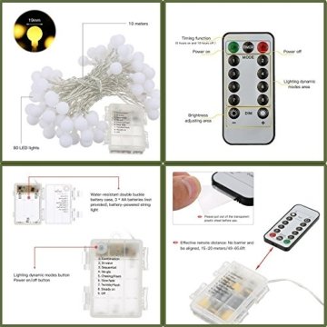 80 Leds Globe Lichterkette 10 Meter, Tomshine Warmweiße Kugel Lichterkette mit IR Fernbedienung, Batteriebetriebene/IP44 Wasserdicht - 6