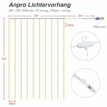 Anpro LED USB Lichtervorhang 3m x 3m, 300 LEDs USB Lichterkettenvorhang mit 8 Lichtmodelle für Partydekoration deko schlafzimmer, Innenbeleuchtung, Warmweiß - 2