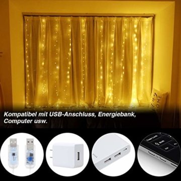 Anpro LED USB Lichtervorhang 3m x 3m, 300 LEDs USB Lichterkettenvorhang mit 8 Lichtmodelle für Partydekoration deko schlafzimmer, Innenbeleuchtung, Warmweiß - 6