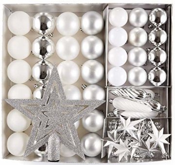 HEITMANN DECO 50er Set Christbaumkugeln Christbaumschmuck mit Stern Spitze - Kunststoff Weihnachtsschmuck Weiß Silber zum Aufhängen - 1