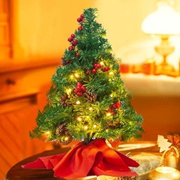 JOYIN 50.8cm Mini Künstlicher Weihnachtsbaum, LED Beleuchtung Christbaum mit Tannenzapfen und rote Beere für Weihnachtsdekoration Zuhause und im Büro - 6