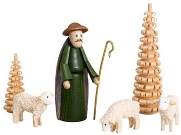 Krippenfiguren bunt – Hirte, Schafe, Spanbäumchen – Weihnachtsfiguren - Holzfiguren – Höhe 6,5 cm - Erzgebirge - NEU - 1