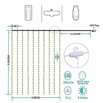 LED Lichtervorhang 3m x 3m, 300 LEDs USB Lichterkettenvorhang IP65 Wasserfest 8 Modi Lichterkette Warmweiß für Partydekoration Schlafzimmer Hochzeit Geburtstag Garten Fenster Innen und außen Deko - 5