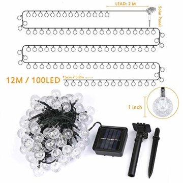 Lichterkette Solar Aussen, Vegena Warmweiß LED Lichterkette Außen Kristall Kugel 12M 100 LEDs 8 Modi IP65 Wasserdicht für Garten Bäume Terrasse Hof Haus Weihnachten Party Deko Energieklasse A+++ - 7