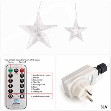 SALCAR LED Lichtervorhang 12 Sterne Lichterkette wasserdicht für Fenster, Garten, Haus, LED Sternenvorhang Dekorative, IR Fernbedienung LED Lichterkette 31V Sicherheitsnetzteil - Warmweiß - 5