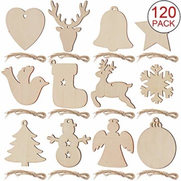 SAVITA 120 Stück Weihnachten Holzanhänger, 12 Stil Christbaumanhänger, Hängende Holzscheiben mit Seilen für Weihnachtsbaumschmuck Holz DIY Handwerk Hängende Dekorationen - 1