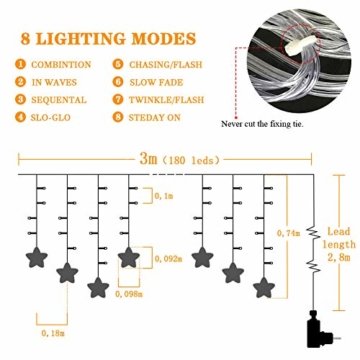 Uping 180 LED Sterne Lichterkette, LED Lichtervorhang, Wasserdicht 8 Modi Außenlichterkette Deko für Garten, Haus, Hochzeit, Party, Warmweiß - 4