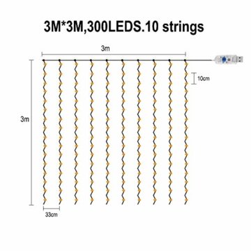 Vegena LED USB Lichtervorhang 3m x 3m, 300 LEDs Lichterkettenvorhang mit 8 Modi Lichterkette Gardine für Partydekoration Schlafzimmer Innenbeleuchtung Weihnachten Deko Warmweiß [Energieklasse A+++] - 3