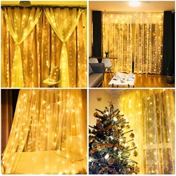 Vegena LED USB Lichtervorhang 3m x 3m, 300 LEDs Lichterkettenvorhang mit 8 Modi Lichterkette Gardine für Partydekoration Schlafzimmer Innenbeleuchtung Weihnachten Deko Warmweiß [Energieklasse A+++] - 4