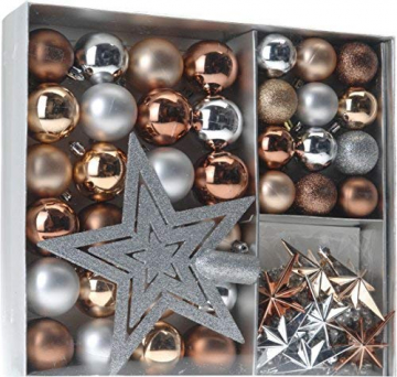 Weihnachtsbaumschmuck Set – 45 teilig in Metalltönen (Kupfer, Silber, Gold etc.) – 36 Kugeln, Weihnachtsbumspitze, Dekosterne und Kette - 