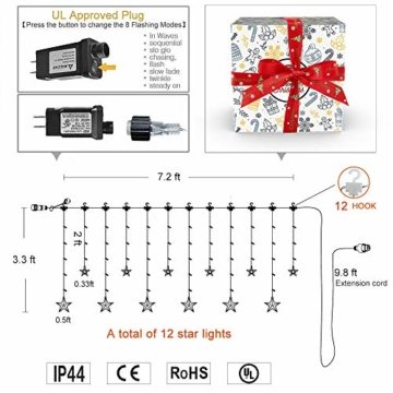 YINUO LIGHT LED Lichterkette mit 12 Sterne, 138 LEDs Lichterkettenvorhang, 8 Modi Dimmbar, Controller mit Speicherfunktion, IP44 Wasserfest für Weihnachtsdeko Innen und Außen Garten Party Hochzeit usw - 10