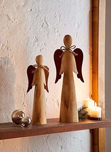 2 Deko Engel aus Holz, Natur/Rost Optik, 28 + 38 cm hoch, Adventsdeko, Weihnachtsdeko-Figur - 1