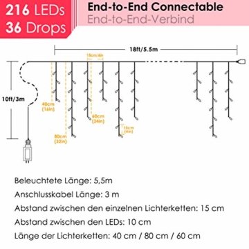 216 LED Lichterkette, 5.5M Eiszapfen Lichter mit EU stecker, 8 Leuchtmodi Dimmbar, Eisregen Lichtervorhang mit Remote Timer, Außen Innen Deko für Weihnachten Garten Party Hochzeit Winter (Warmweiß) - 2