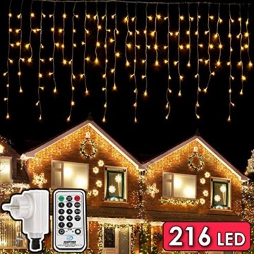 216 LED Lichterkette, 5.5M Eiszapfen Lichter mit EU stecker, 8 Leuchtmodi Dimmbar, Eisregen Lichtervorhang mit Remote Timer, Außen Innen Deko für Weihnachten Garten Party Hochzeit Winter (Warmweiß) - 1