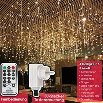 216 LED Lichterkette, 5.5M Eiszapfen Lichter mit EU stecker, 8 Leuchtmodi Dimmbar, Eisregen Lichtervorhang mit Remote Timer, Außen Innen Deko für Weihnachten Garten Party Hochzeit Winter (Warmweiß) - 5