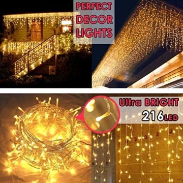 216 LED Lichterkette, 5.5M Eiszapfen Lichter mit EU stecker, 8 Leuchtmodi Dimmbar, Eisregen Lichtervorhang mit Remote Timer, Außen Innen Deko für Weihnachten Garten Party Hochzeit Winter (Warmweiß) - 6