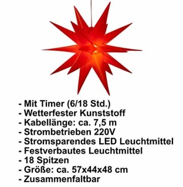 3D Leuchtstern inkl. warm-weißer LED Beleuchtung | für Innen und Außen geeignet | hängend | 7,5 m Zuleitung | ca. 57x44x48 cm (Rot) - 6